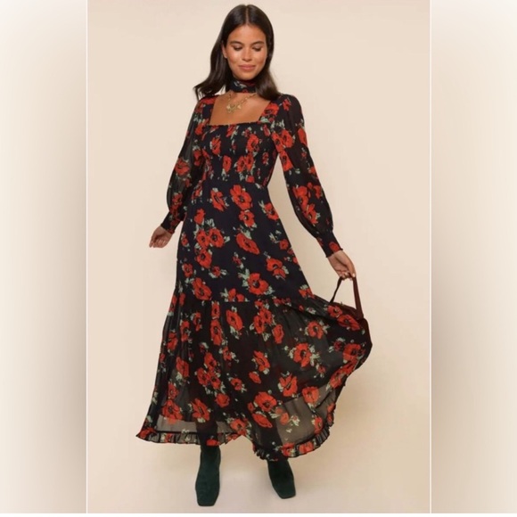 RIXO Dresses & Skirts - Rixo black red floral Yas long sleeve midi square neck dress size L or 10